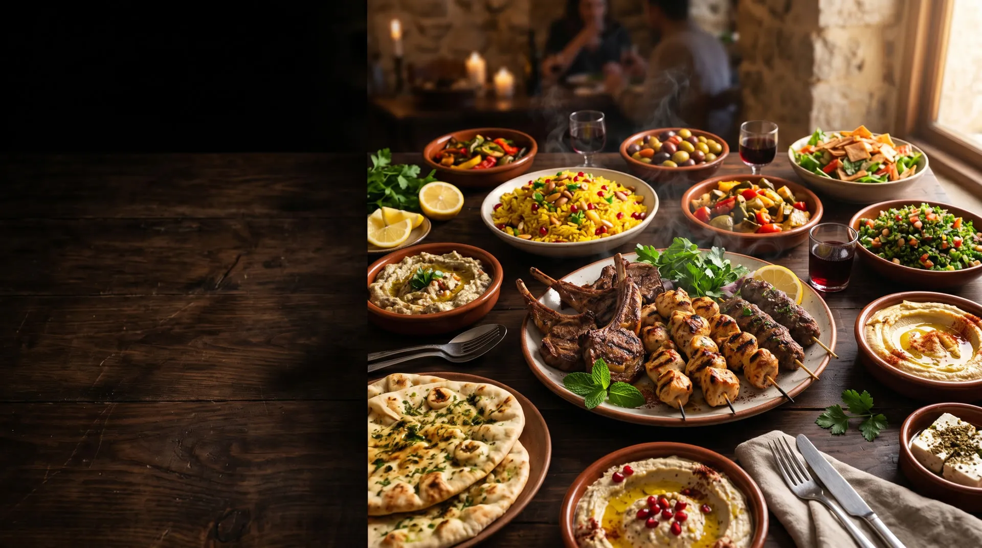 An abundant Mediterranean feast — mezze, grilled kebabs, saffron rice and flatbread on a candlelit table