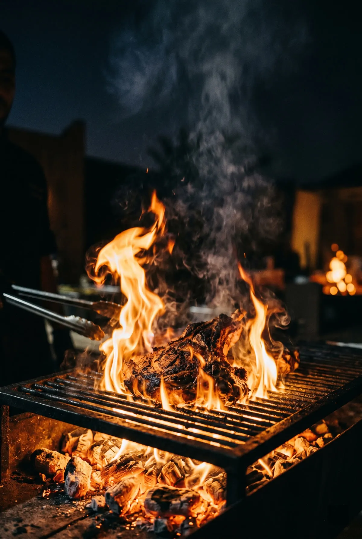 Chef searing over open flame
