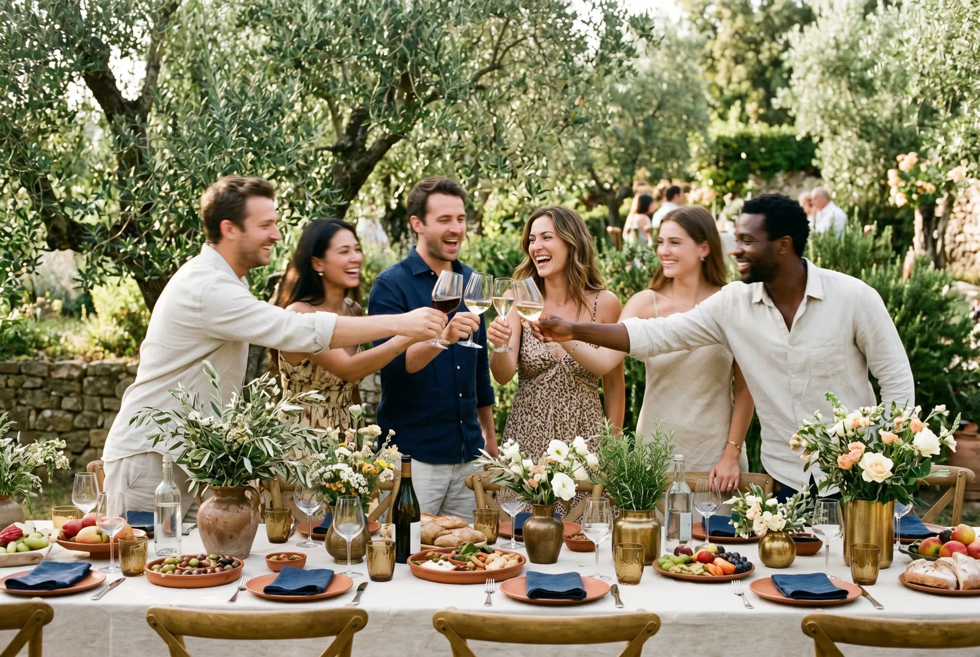 Friends toasting at a garden party