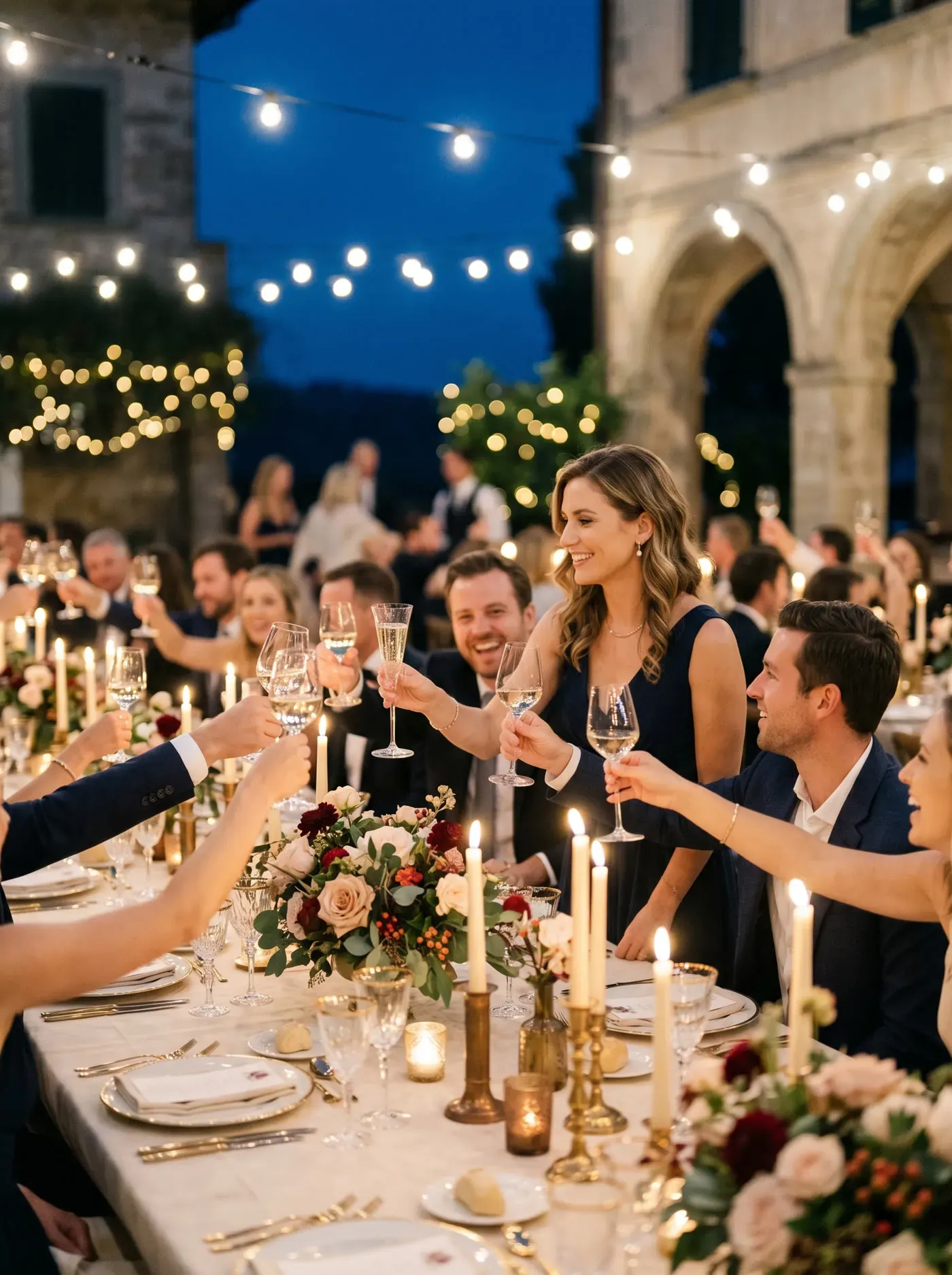 A candlelit table raised in a toast