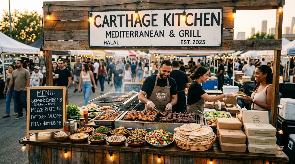 A Carthage Kitchen pop-up stall grilling halal skewers at a Los Angeles farmers market at golden hour