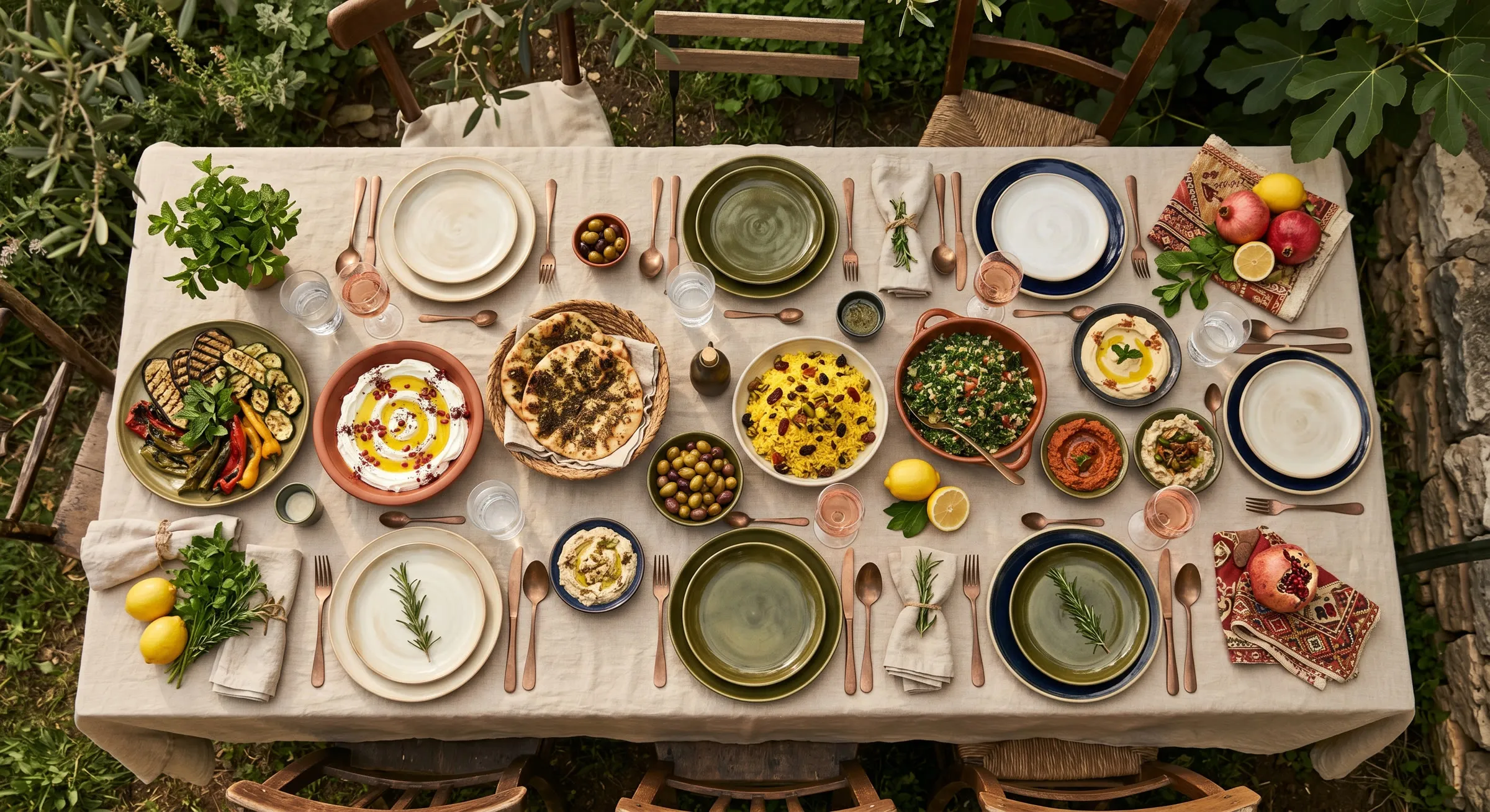 An overhead spread of mezze and small plates