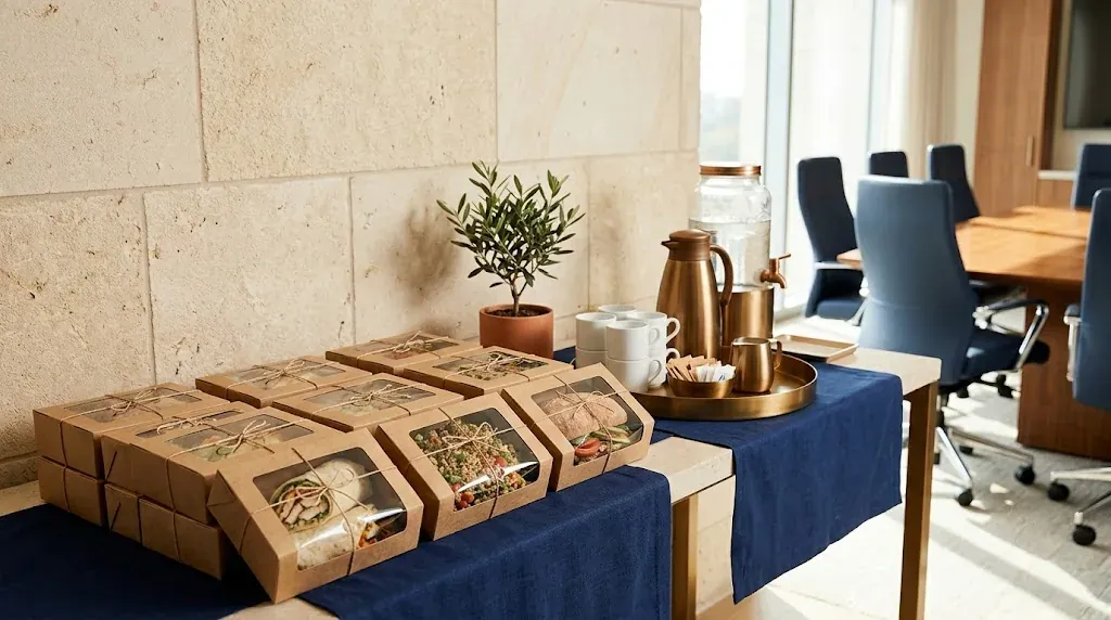 Individually boxed lunches and a coffee-service station set up in a meeting room