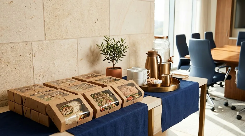Individually boxed lunches and a coffee-service station set up in a meeting room