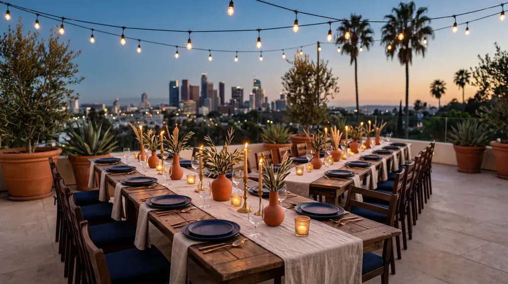 An evening Carthage Kitchen banquet on a Los Angeles terrace at dusk
