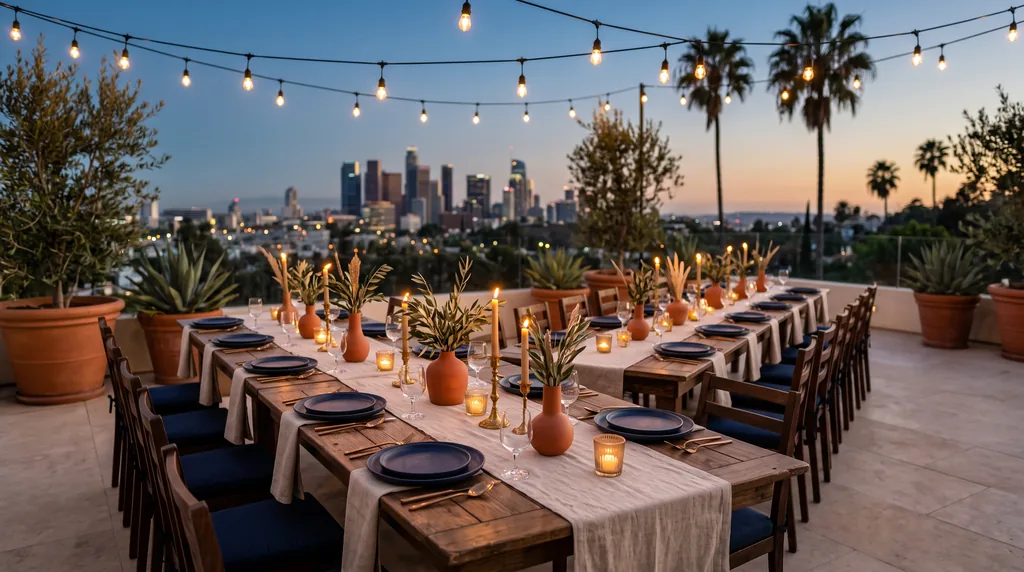 An evening Carthage Kitchen banquet on a Los Angeles terrace at dusk