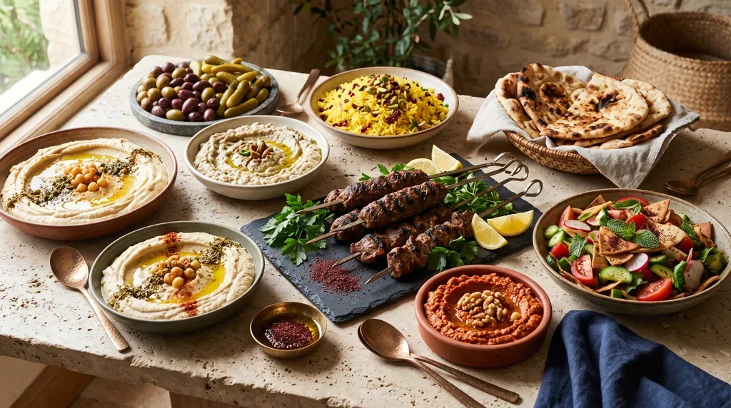 An abundant halal mezze and grill spread on stone platters