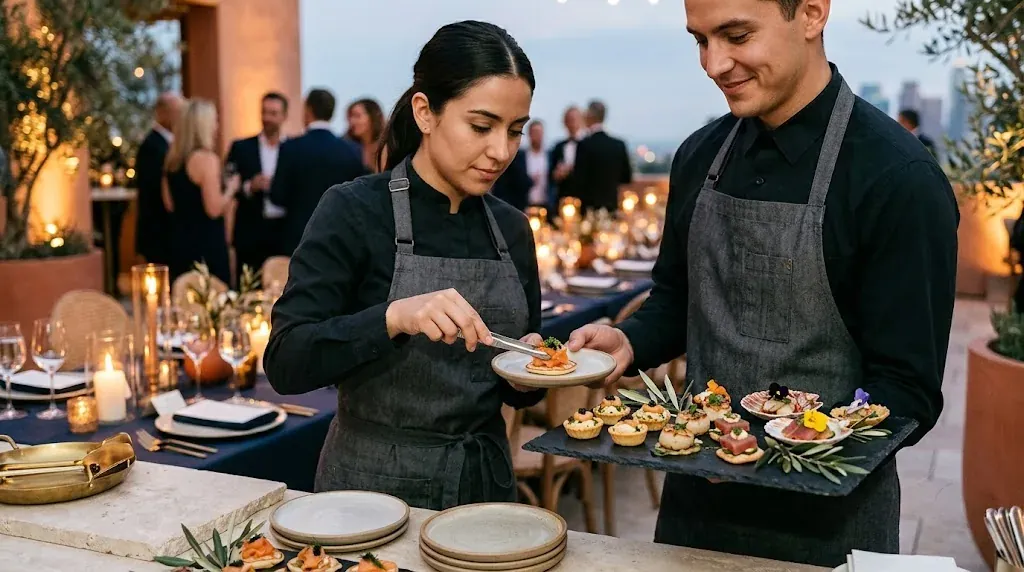 Carthage Kitchen servers plating at a Los Angeles evening event