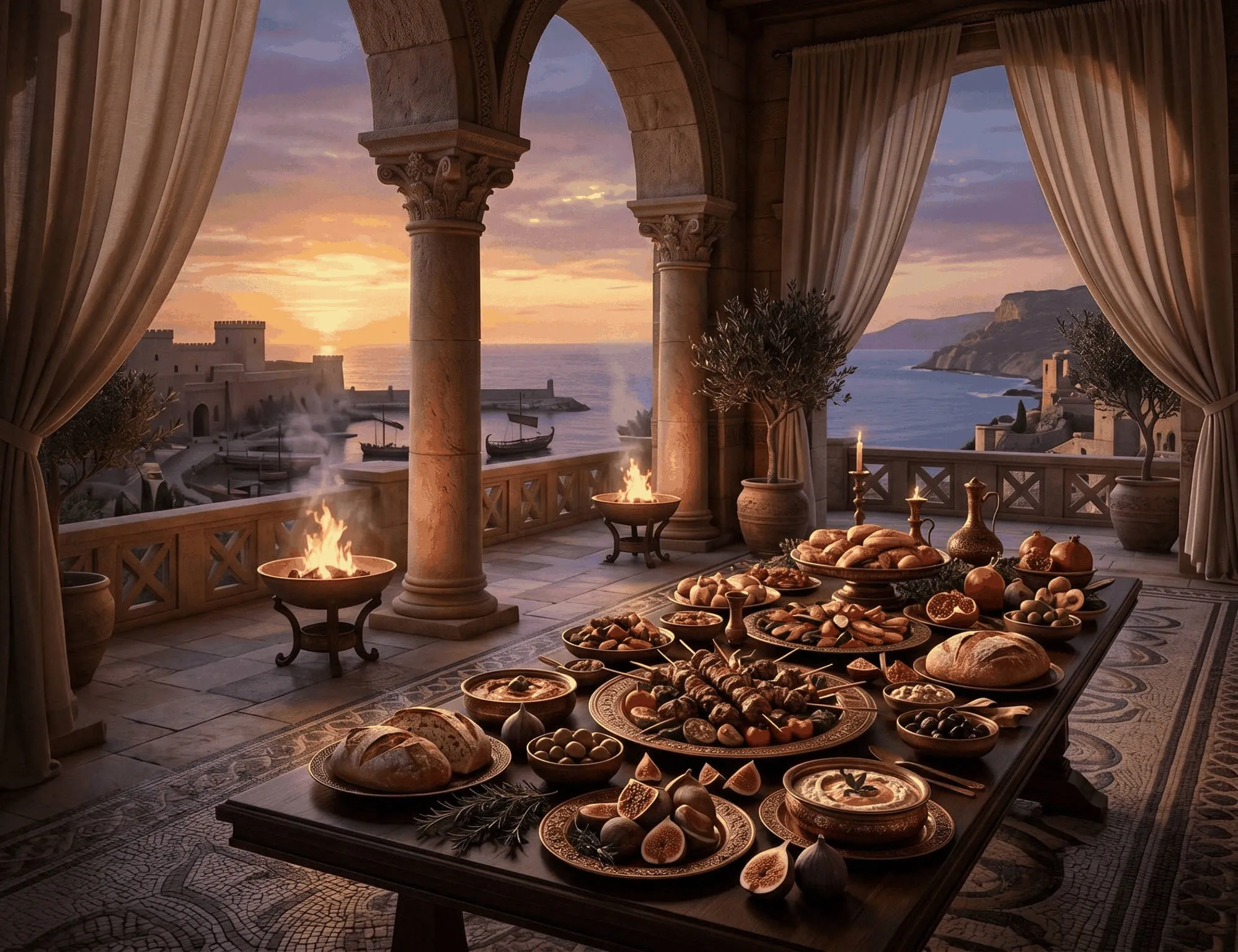 A waterfront terrace feast at dusk, overlooking the ancient harbor of Carthage