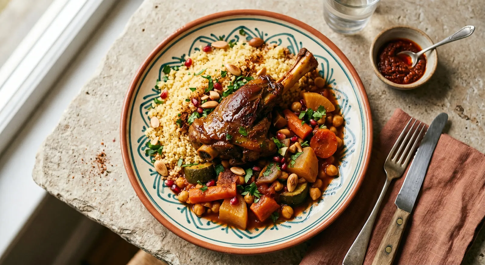 Tunisian couscous crowned with slow-braised lamb, chickpeas and vegetables